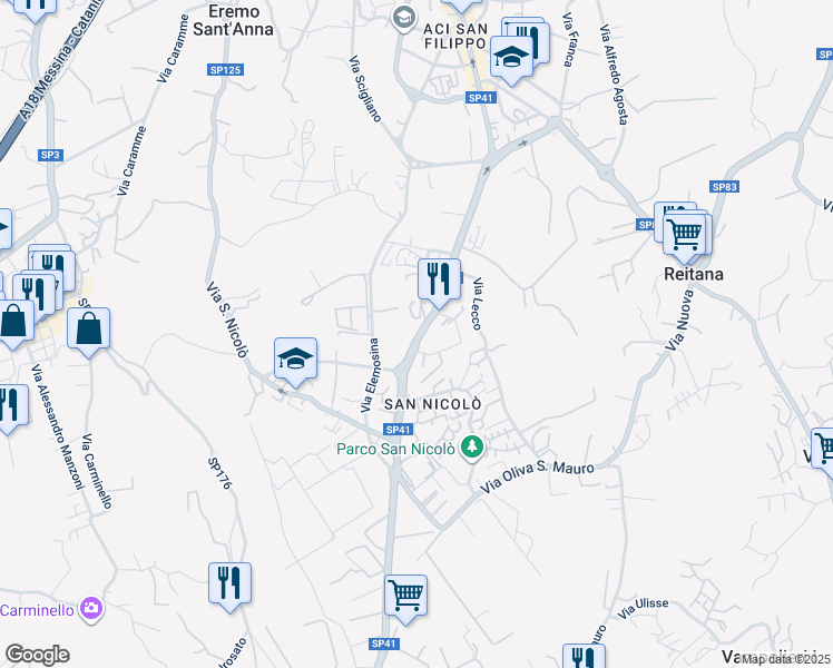 map of restaurants, bars, coffee shops, grocery stores, and more near 165 Via Nizzeti in Aci Catena