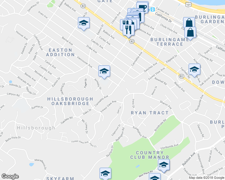 map of restaurants, bars, coffee shops, grocery stores, and more near 2120 Carmelita Avenue in Burlingame