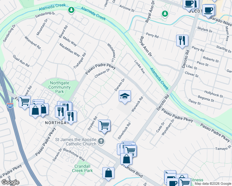 map of restaurants, bars, coffee shops, grocery stores, and more near 34521 Gladstone Place in Fremont