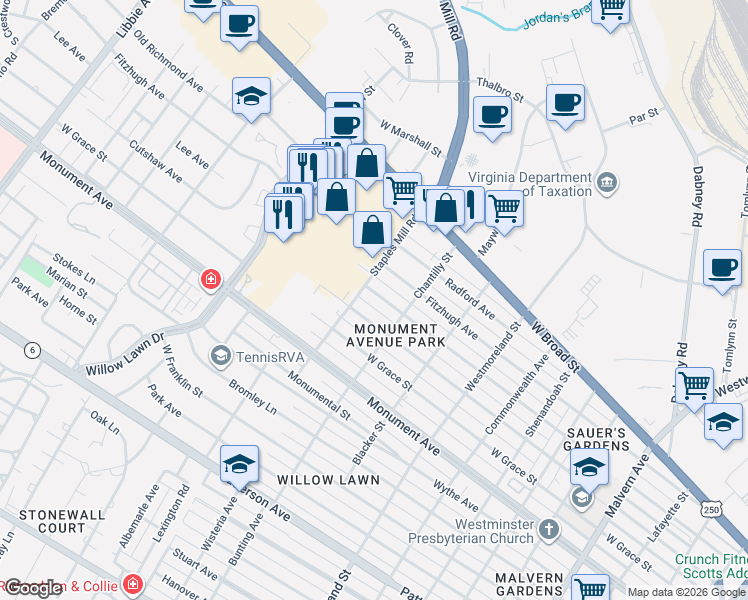 map of restaurants, bars, coffee shops, grocery stores, and more near 4816 Cutshaw Avenue in Richmond