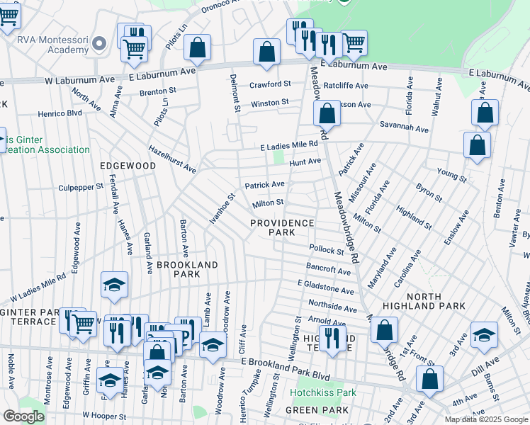 map of restaurants, bars, coffee shops, grocery stores, and more near 444 Hazelhurst Avenue in Richmond