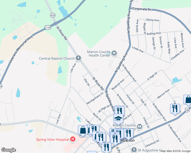 map of restaurants, bars, coffee shops, grocery stores, and more near 426-498 Saint Rose Road in Lebanon