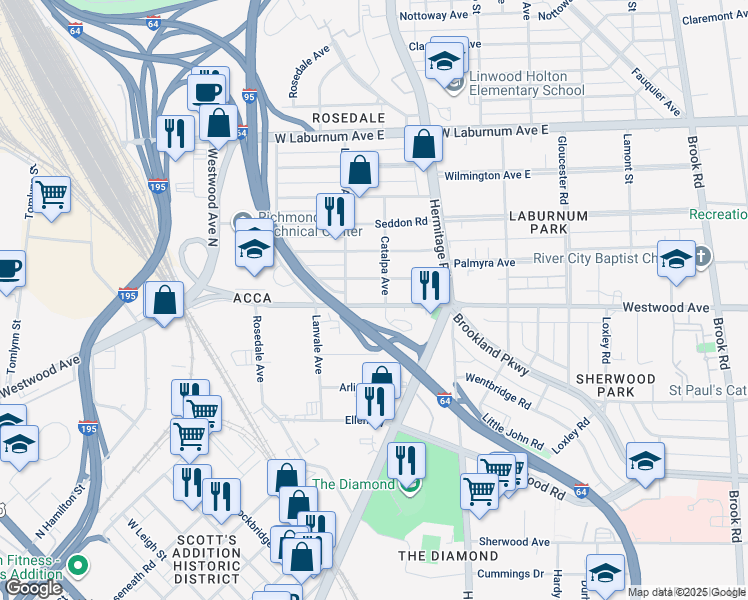 map of restaurants, bars, coffee shops, grocery stores, and more near 1804 Westwood Avenue in Richmond