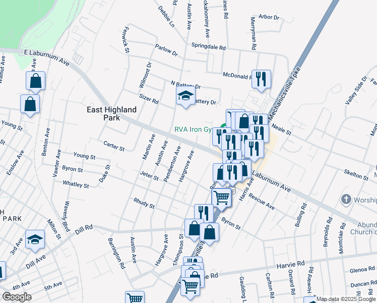 map of restaurants, bars, coffee shops, grocery stores, and more near 3718 Hargrove Avenue in Richmond