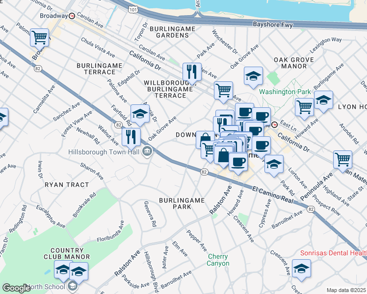 map of restaurants, bars, coffee shops, grocery stores, and more near 525 Almer Road in Burlingame