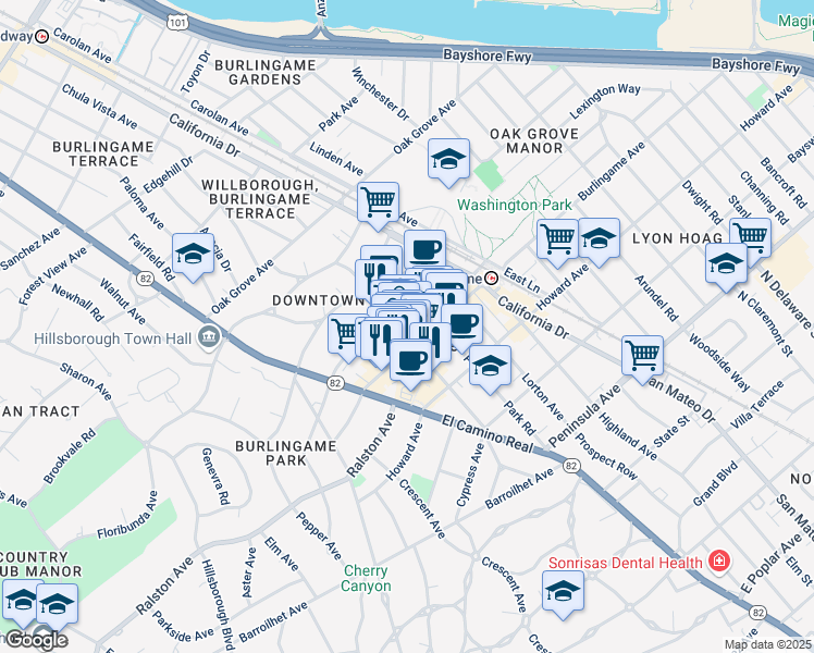 map of restaurants, bars, coffee shops, grocery stores, and more near 329 Primrose Road in Burlingame