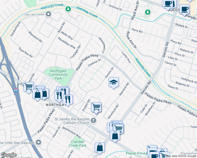 map of restaurants, bars, coffee shops, grocery stores, and more near 34447 Helston Place in Fremont