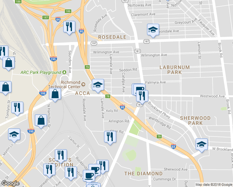 map of restaurants, bars, coffee shops, grocery stores, and more near 1810 Westwood Avenue in Richmond