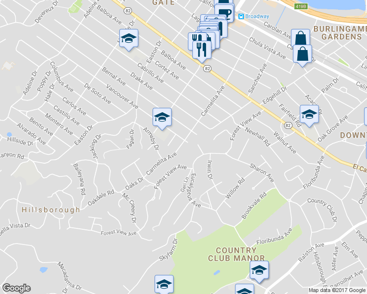 map of restaurants, bars, coffee shops, grocery stores, and more near 2109 Carmelita Avenue in Burlingame