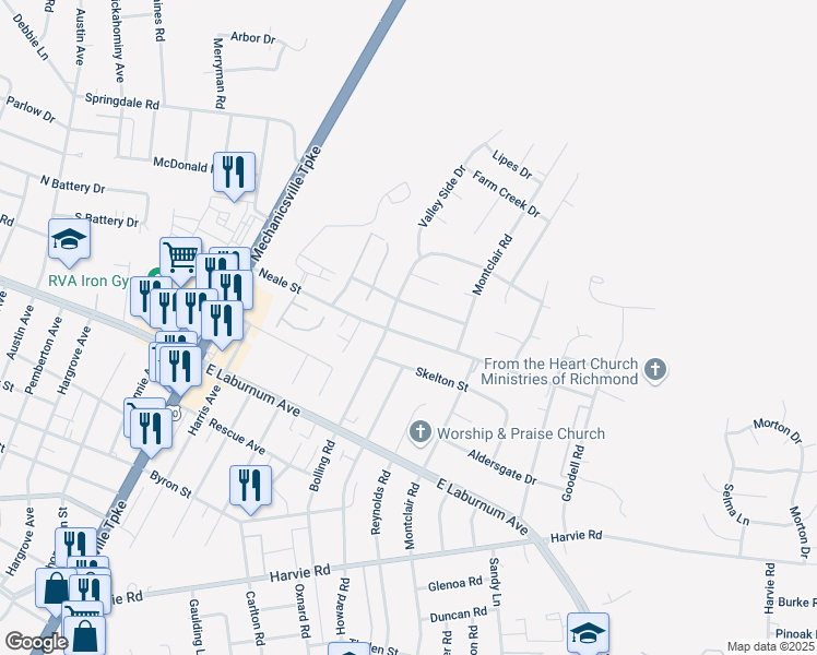 map of restaurants, bars, coffee shops, grocery stores, and more near 2803 Neale Street in Richmond