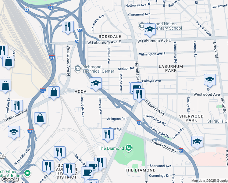 map of restaurants, bars, coffee shops, grocery stores, and more near 1810 Westwood Avenue in Richmond