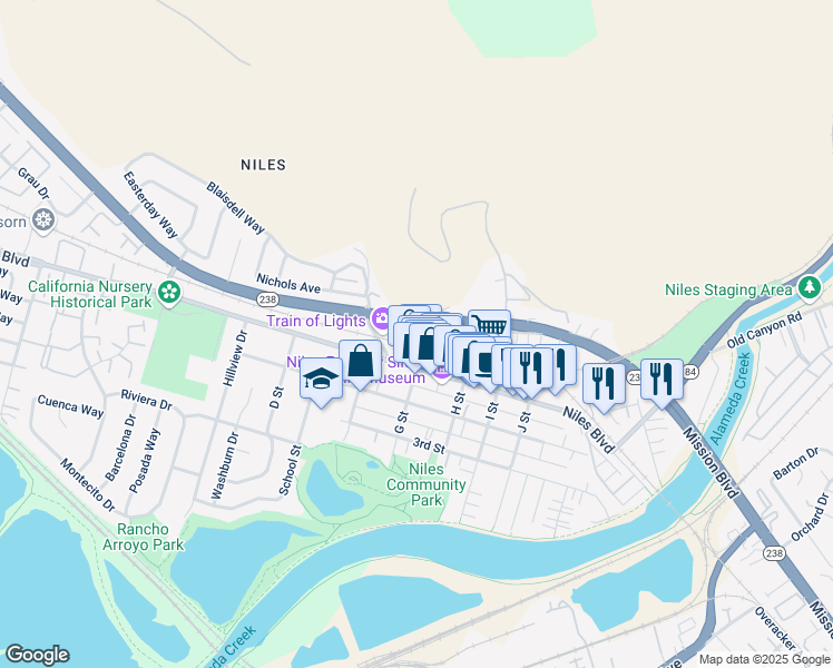 map of restaurants, bars, coffee shops, grocery stores, and more near 37270 Niles Boulevard in Fremont