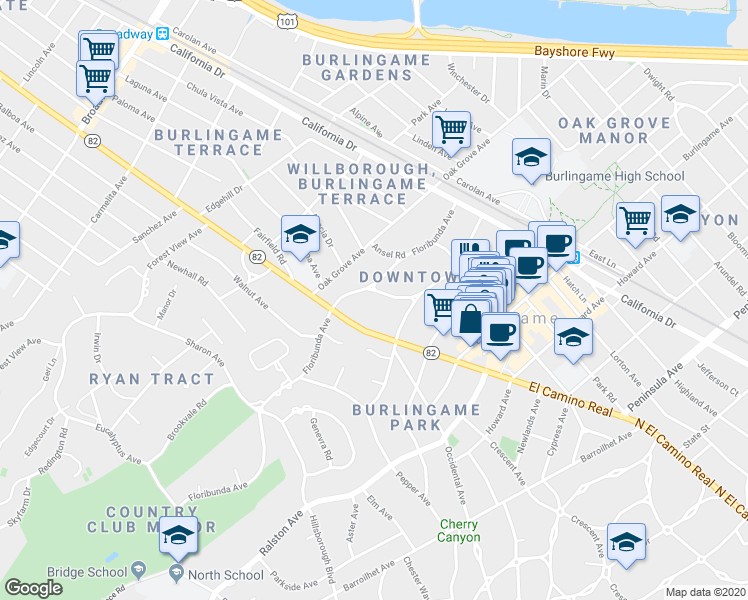 map of restaurants, bars, coffee shops, grocery stores, and more near 524 El Camino Real in Burlingame