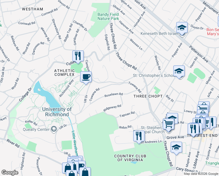 map of restaurants, bars, coffee shops, grocery stores, and more near 6422 Roselawn Road in Richmond