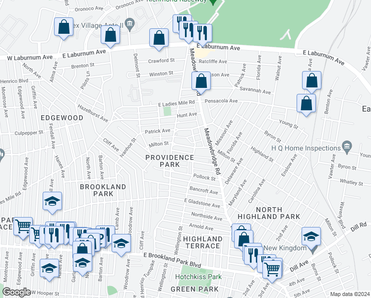 map of restaurants, bars, coffee shops, grocery stores, and more near 513 Milton Street in Richmond