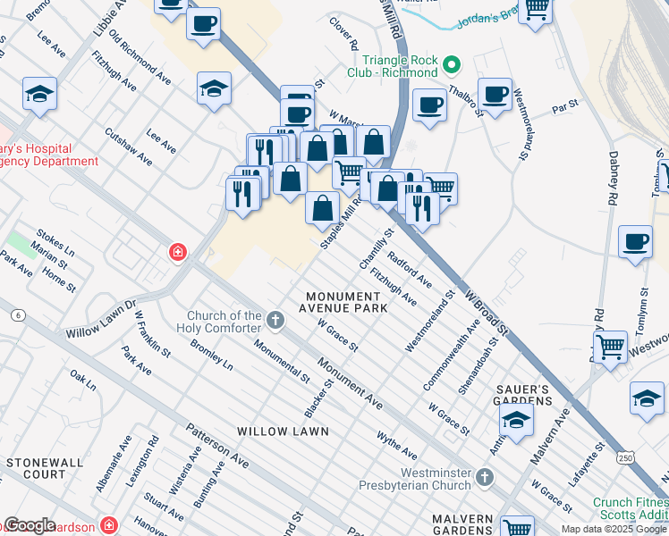 map of restaurants, bars, coffee shops, grocery stores, and more near 4812 Augusta Avenue in Richmond