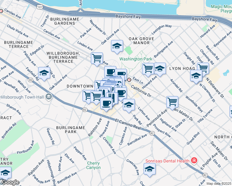 map of restaurants, bars, coffee shops, grocery stores, and more near 1235 Burlingame Avenue in Burlingame