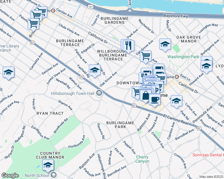 map of restaurants, bars, coffee shops, grocery stores, and more near 1515 Floribunda Avenue in Burlingame
