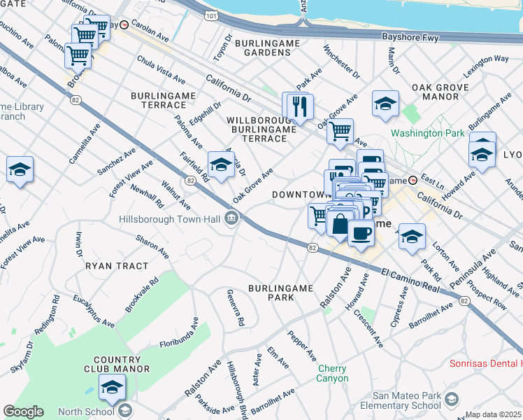 map of restaurants, bars, coffee shops, grocery stores, and more near 1515 Floribunda Avenue in Burlingame