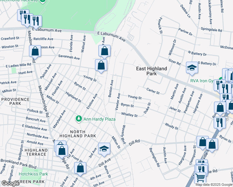 map of restaurants, bars, coffee shops, grocery stores, and more near 3624 Vawter Avenue in Richmond