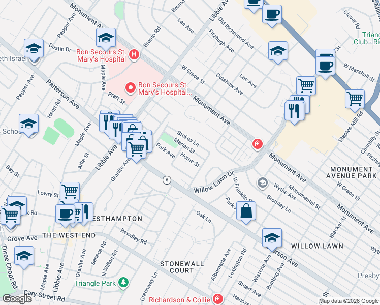 map of restaurants, bars, coffee shops, grocery stores, and more near 5308 Horne Street in Richmond