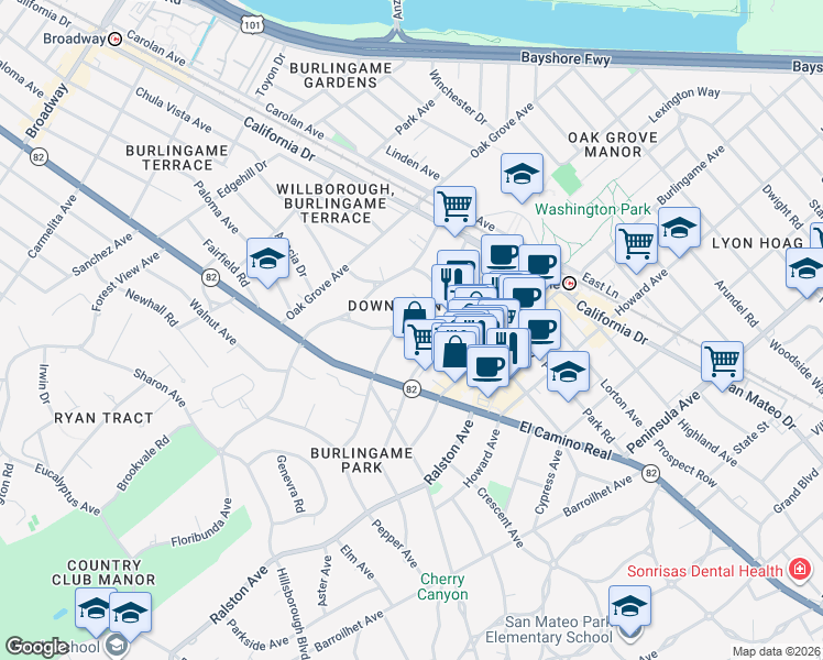 map of restaurants, bars, coffee shops, grocery stores, and more near 1435 Bellevue Avenue in Burlingame