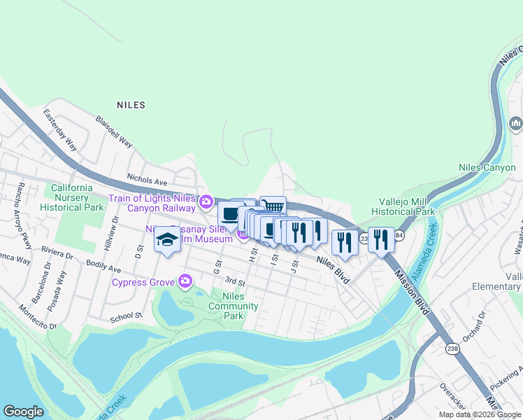 map of restaurants, bars, coffee shops, grocery stores, and more near 37359 Mission Boulevard in Fremont
