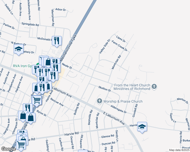 map of restaurants, bars, coffee shops, grocery stores, and more near 2804 Neale Street in Richmond