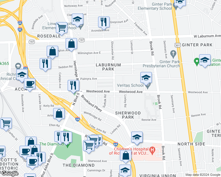 map of restaurants, bars, coffee shops, grocery stores, and more near 1505 Westwood Avenue in Richmond