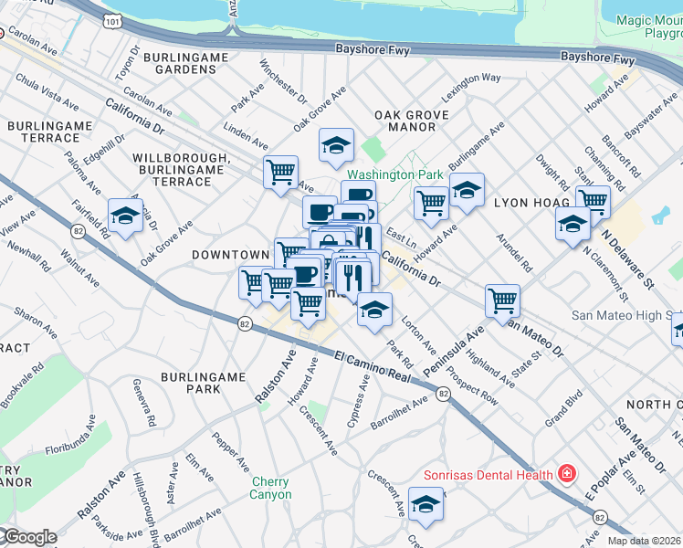 map of restaurants, bars, coffee shops, grocery stores, and more near 220 Park Road in Burlingame
