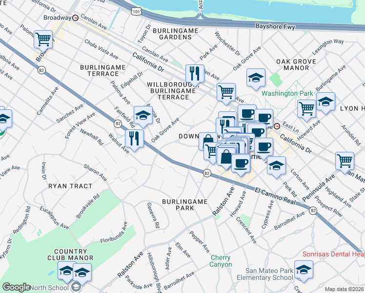 map of restaurants, bars, coffee shops, grocery stores, and more near 524 El Camino Real in Burlingame