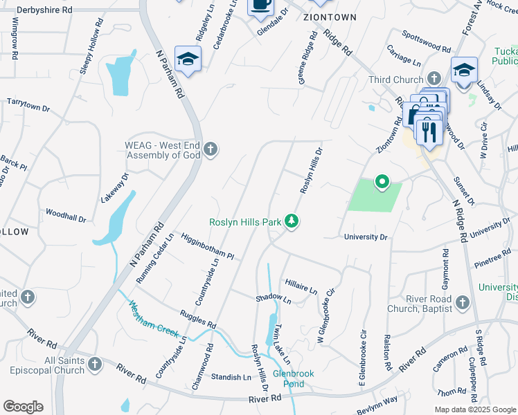 map of restaurants, bars, coffee shops, grocery stores, and more near 118 Melwood Lane in Richmond