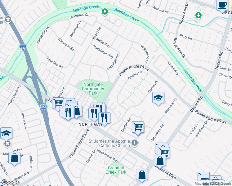 map of restaurants, bars, coffee shops, grocery stores, and more near 34336 Cornwallis Court in Fremont