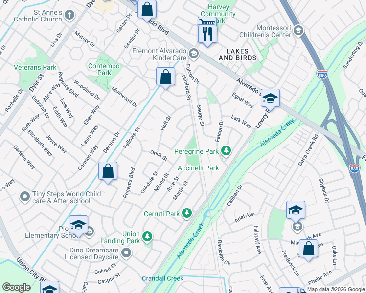 map of restaurants, bars, coffee shops, grocery stores, and more near 4484 Niland Street in Union City