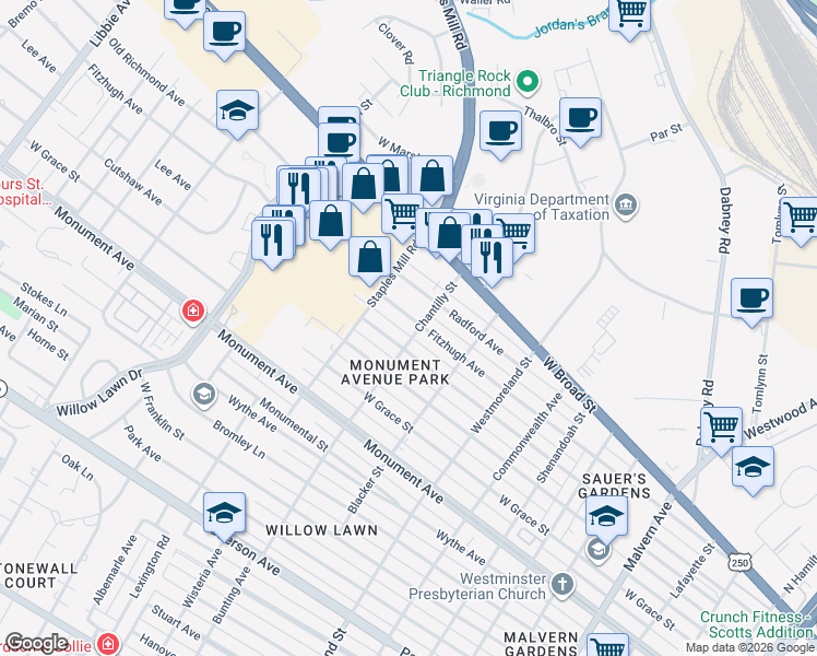 map of restaurants, bars, coffee shops, grocery stores, and more near in Richmond