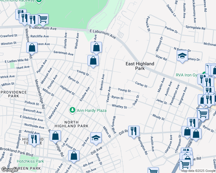 map of restaurants, bars, coffee shops, grocery stores, and more near 3624 Vawter Avenue in Richmond