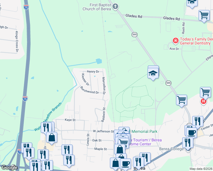 map of restaurants, bars, coffee shops, grocery stores, and more near 213 Marcellus Drive in Berea
