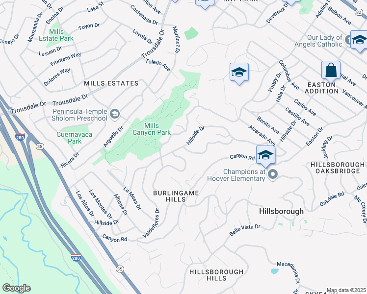 map of restaurants, bars, coffee shops, grocery stores, and more near Hillside Drive & Newton Drive in Burlingame