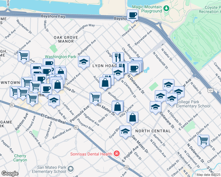 map of restaurants, bars, coffee shops, grocery stores, and more near 861 Woodside Way in San Mateo