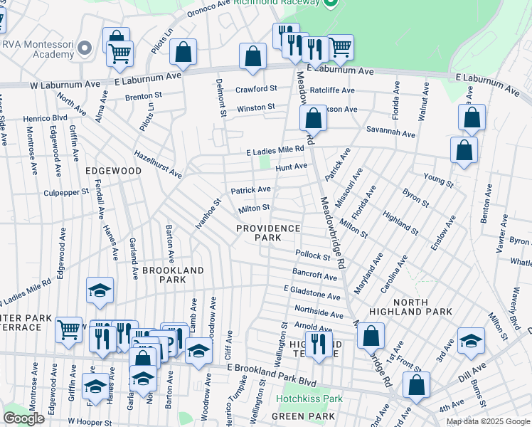 map of restaurants, bars, coffee shops, grocery stores, and more near in Richmond