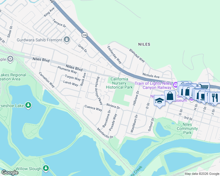 map of restaurants, bars, coffee shops, grocery stores, and more near 286 Lindero Terrace in Fremont