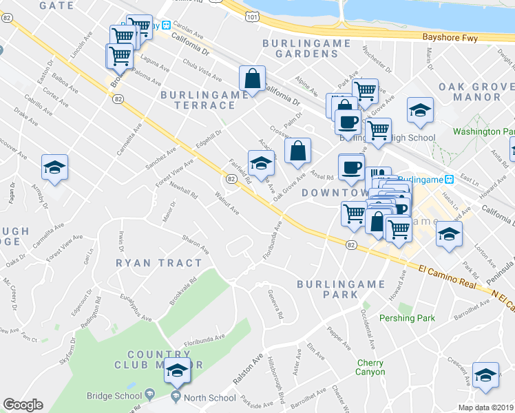map of restaurants, bars, coffee shops, grocery stores, and more near in Burlingame