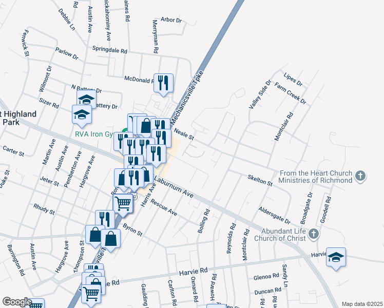 map of restaurants, bars, coffee shops, grocery stores, and more near 3886 Elfstone Lane in Richmond