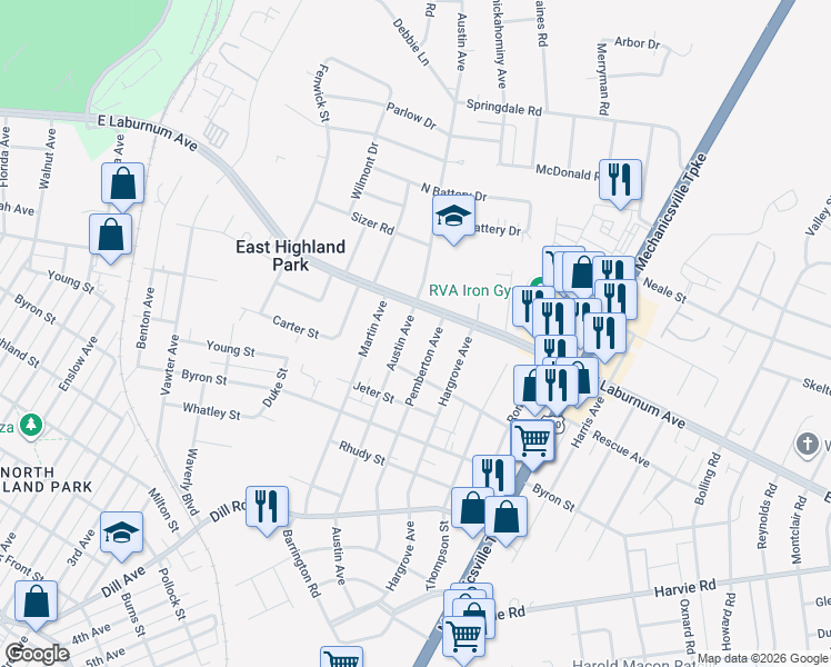 map of restaurants, bars, coffee shops, grocery stores, and more near 3709 Pemberton Avenue in Richmond
