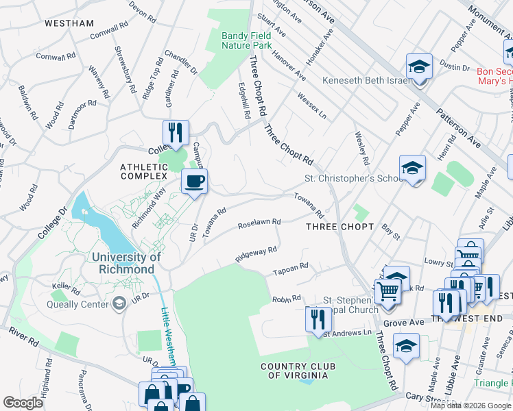 map of restaurants, bars, coffee shops, grocery stores, and more near 6422 Roselawn Road in Richmond