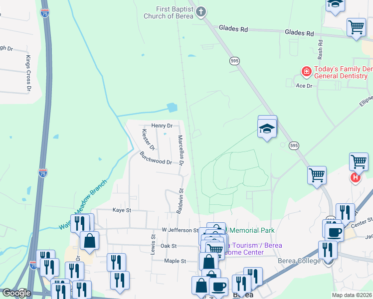 map of restaurants, bars, coffee shops, grocery stores, and more near 213 Marcellus Drive in Berea