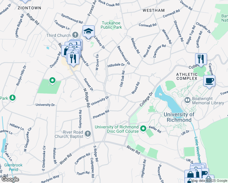 map of restaurants, bars, coffee shops, grocery stores, and more near 7108 University Drive in Richmond