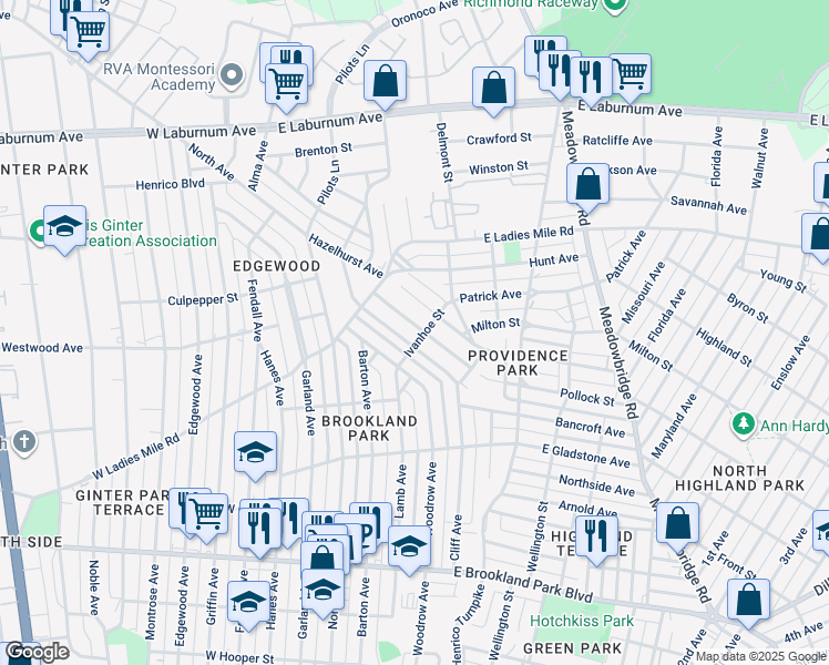 map of restaurants, bars, coffee shops, grocery stores, and more near 3302 Jeter Avenue in Richmond