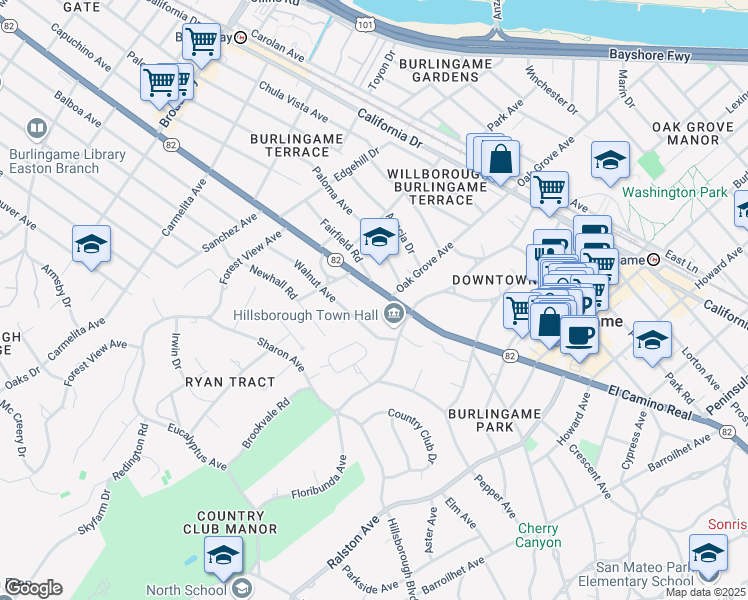 map of restaurants, bars, coffee shops, grocery stores, and more near 735 El Camino Real in Burlingame
