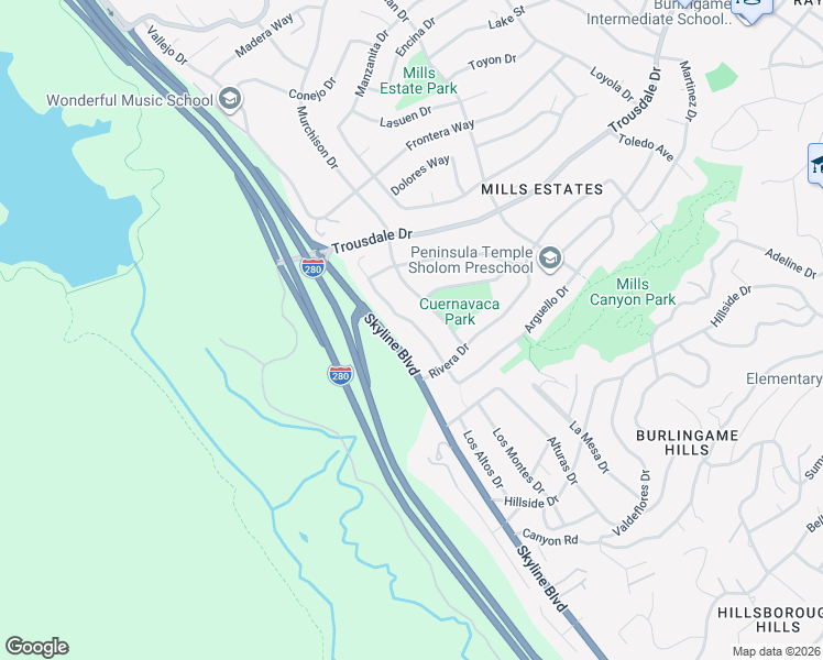 map of restaurants, bars, coffee shops, grocery stores, and more near 1683 Escalante Way in Burlingame